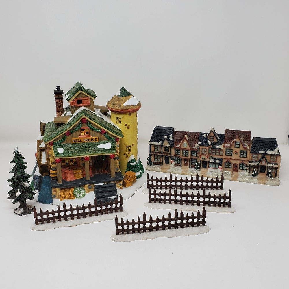 Vintage Ceramic and Resin Christmas Cottage Theme Holiday Decor Lot of 6 Items